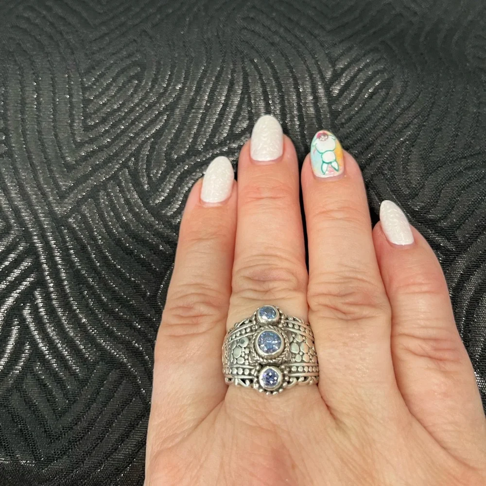 Sarda Sterling Silver Ring with 3 celestial blue Moissanite stones, size 10